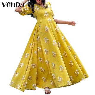 Vonda Women Short Sleeve V Neck Floral Print Pleated Tunic A-line Long Dress