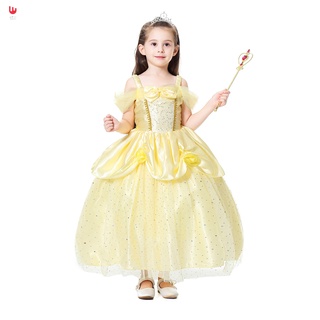 niños niñas belle princesa vestido de hombro fuera bowknot burbuja vestido para cosplay