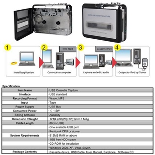 CON1 USB Cassette Player Cinta A PC MP3 Formato Convertidor De Captura De Audio