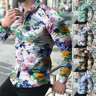 Camisa Impresa Slim Fit Blusa Botón Abajo Casual Floral Manga Larga Fiesta Para Hombre