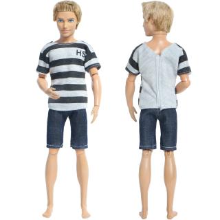 patrón de rayas casual desgaste camiseta pantalones cortos jeans ropa de verano para ken muñeca accesorios diy juguete