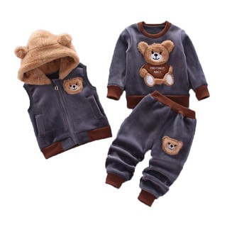 Otoño invierno niña moda dibujos animados oso con capucha caliente más chaleco de terciopelo+pantalones 3Pcs bebé niñas conjunto Casual bebé niños chándal (1)