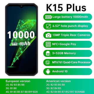 Oukitel K15 Plus 10000mAh NFC teléfono inteligente "3GB RAM 32GB ROM teléfono celular Quad Core Android 10 teléfono móvil MT6761 13MP