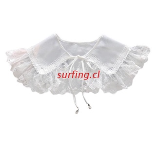 SURF Womens White Ruffled Floral Lace Trim Fake Collar Shawl Sweet Lolita Bowknot Short Poncho Capelet Sheer Mesh Necklace