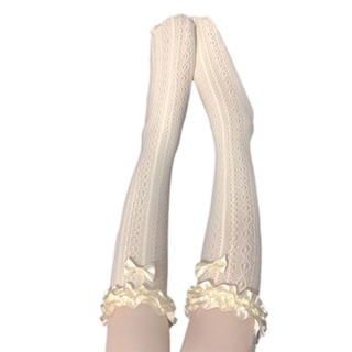 Calcetines japoneses De satén yow para mujer con volantes/nudillos huecos/rayados/hasta la rodilla (6)