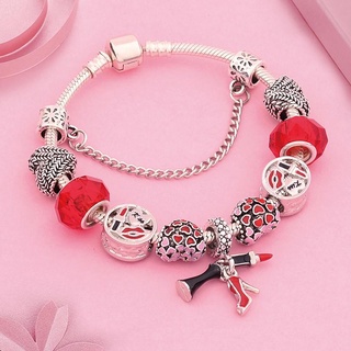 Elegant Red Lipstick High Heel Heart Charm Bracelet Silver Wheat Ears Heart Red Crystal Bead Bracelet Women Girl Gift (1)