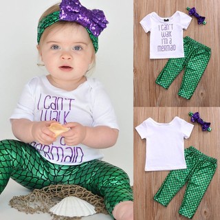 ropa de sirena para bebé recién nacido/camiseta/tops+pantalones+diadema 3 piezas