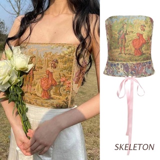 SKELETON Women Sexy Strapless Bustier Tube Top Retro Madam Floral Graphic Lace-Up Corset