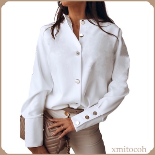 Blusas y blusas con botones a la moda Botones blancos de gran tamao con botones sueltos Casual Manga larga Cuello alto Camisas relajadas para