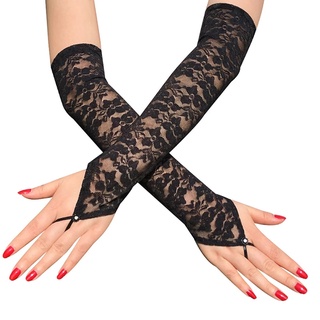 1 par de guantes largos de encaje para mujer/guantes de malla Sexy sin dedos/guante sin dedos/accesorios de vestido para dama