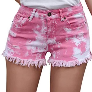 emm-women mid rise denim shorts, casual deshilachado dobladillo crudo tie dye impresión ripped short jeans