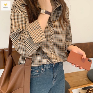 Girl's Blouse Retro Style Plaid Loose Cotton Long Sleeve Shirt for Summer
