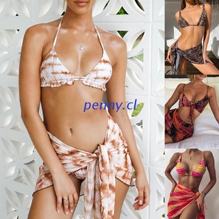 PEN Women Sexy 3pcs Swimsuit Set Leopard Tie-Dye Print Triangle Brazilian Bikini with Short Sarong Cover Up Bathing Suit