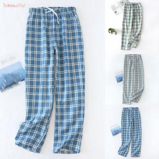 Hombres Casual verano suelto cintura elástica a cuadros azul gris pijama fondos pantalones ropa de dormir (7)
