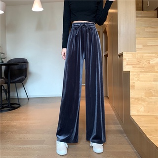 [coco House] pantalones de pierna ancha Pleuche estilo liso de gran tamaño de cintura alta fregado pantalones largos ropa de mujer (2)