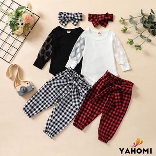 Yaho bebé niña Tops y pantalones traje fresco Color sólido manga larga mameluco y cuadros pantalones largos con diadema