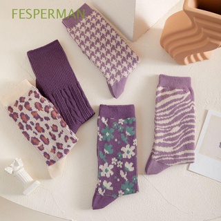 FESPERMAN Sweet Korean Tube Socks Trendy Hosiery Women Cotton Socks Japanese College Style Flower Cute Purple Leopard Breathable Stripe