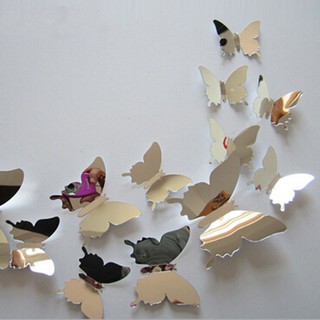 12 unids/set nuevo llegada espejo sliver 3d mariposa pegatinas de pared decoración de fiesta