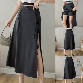 Women High-Waist Side-Split Midi Skirt Ladies Stretchy A-Line Vintage Elegant All-Match Simple Fashion S