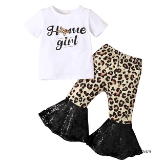 -conjunto De ropa para bebé/niñas/camiseta de manga corta con estampado de letras/camiseta con estampado de leopardo con lentejuelas