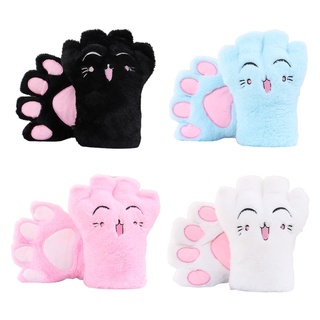 Hik mujeres Lolita Anime de dibujos animados gato pata bordado medio dedo guantes de invierno cálido peluche Cosplay manoplas sin dedos (9)