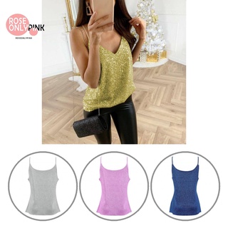 [Roseonlypink] Top Women Vest Sequined Sleeveless Top Pullover V Neck for Dating