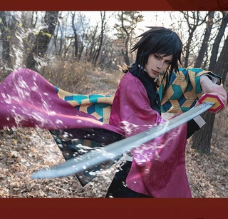 demon slayer kimetsu no yaiba tomioka giyuu traje cosplay unisex peruca espada conjunto (1)