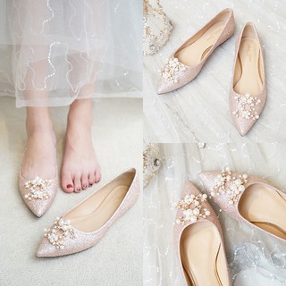 SWEETC más el tamaño (34-44) zapatos de boda de novia zapatos planos de las mujeres plana de la boca poco profunda punta lentejuelas cristal zapatos planos