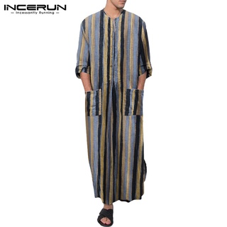 INCERUN Men Colorful Striped Long Sleeve Loose Full Length Soft Muslim Robes (1)