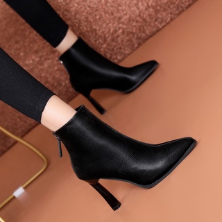 Moda Martin botas de tacón delgado botas de tobillo puntiagudo zapatos de las mujeres nuevos versátiles tacones altos después de otoño e invierno con cremallera negro botas desnudas