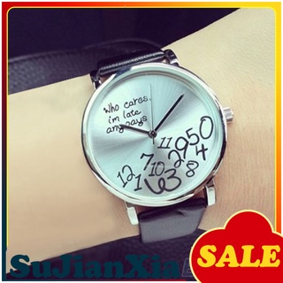 <Sujianxia> reloj de pulsera con letras impresas de cuero sintético para hombre y mujer (1)