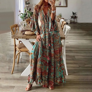 troubleba Dress V-Neck Floral Print Three Quarter Sleeve Ladies Party Long Dress for Leisure (1)