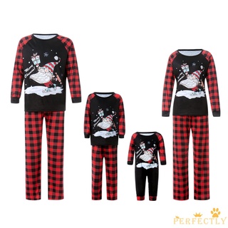 Pft7-navidad padre-hijo familia pijamas, Santa Claus impresión cuadros manga larga cuello redondo ropa de dormir para madre/padre/bebé/niño