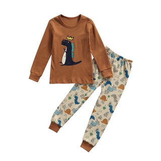 ✿-Lzz-✿-Juego de ropa Casual de dos piezas para niños, color marrón de dibujos animados, diseño de dinosaurio, manga larga, Tops y pantalones