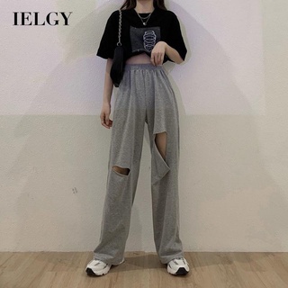 Ielgy verano nueva versión coreana de la cintura alta delgada agujero casual de las mujeres sueltas de pierna recta pantalones estiramiento todo-partido pantalones de pierna ancha