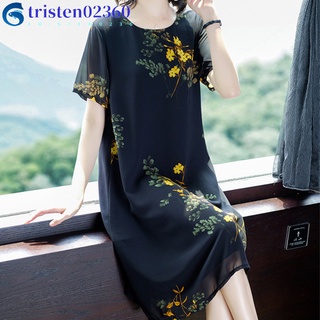 tristen02360 Women Dress Printed Crew-neck Short-sleeve Loose Plus Size Mid-length Dress