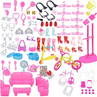 LES 94pcs Doll Furniture Pretend Play Toy Sofa Shoes Jewelry For Doll Brabie Kelly Doll House Accessories Girl Present