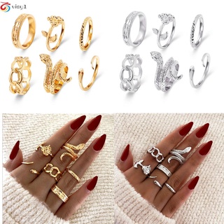 VISY 6pcs/Set Vintage Finger Rings Boho Jewelry Gold Silver Ring Set Chain Rose Flower Snake Joint Adjustable Open Knuckle Rings/Multicolor