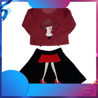[TK] Lady Terciopelo Rojo Top Negro Falda Vestido De Manga Larga Cuello Redondo Dos Piezas Traje