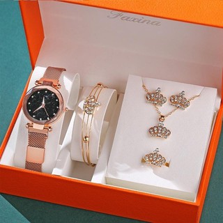 nuevo reloj de cuarzo con hebilla magnética para mujer y juego de 5 piezas de joyería con diseño de marca de lujo corona pulsera para damas reloj regalos