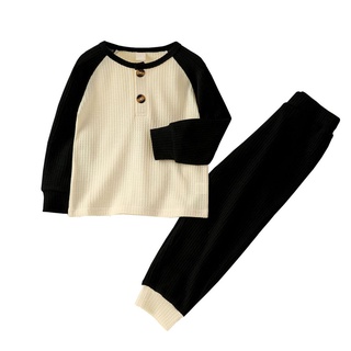 ☎Sr.✩Conjunto de ropa de Color contraste para niños, camiseta de manga larga con cuello en O con botones+pantalones elásticos de cintura