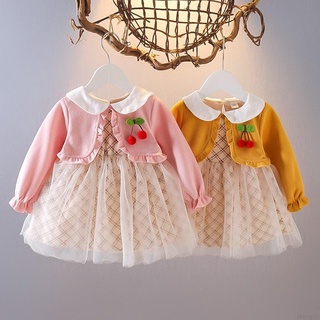 Falsos dos piezas vestido de princesa para bebé niñas de manga larga Patchwork vestido de los niños de encaje tutú vestido de niño vestidos de fiesta