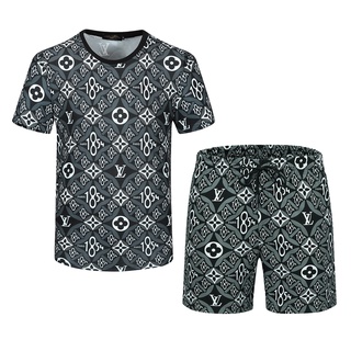 #2021 NEW# (2 pcs) LV Louis Vuitton men's summer cotton o-neck slim t-shirts + shorts suits men's casual sport street-style loose short-sleeve t-shirts shorts