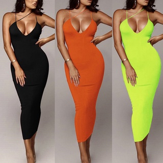 Women Lady Solid Color Sleeveless V Neck Backless Bodycon Dress for Summer Party