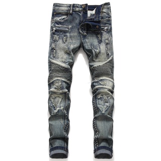 Diseño occidental de costura agujero parche de los hombres pantalones de lápiz estiramiento de la motocicleta Jeans marea