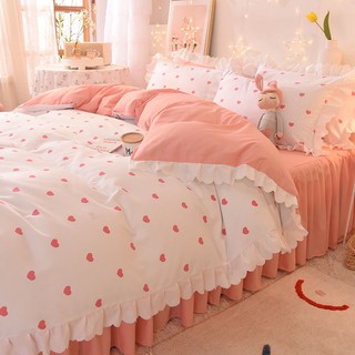 🔥Venta 🔥Coreano chica corazón cama falda 4in1 ropa de cama estilo princesa engrosado cepillado 4 piezas sábana de cama