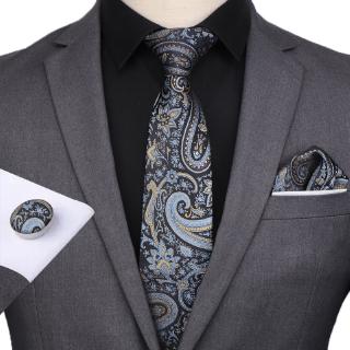 Conjuntos de corbata a rayas florales cuadros para hombre lazos pañuelo gemelos Clip poliéster Jacquard tejido lazo bolsillo cuadrado (3)