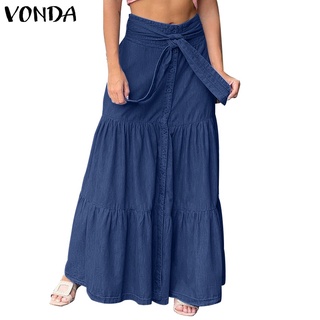 Vonda Women Casual Solid Color High Waist Pleated Long Skirt