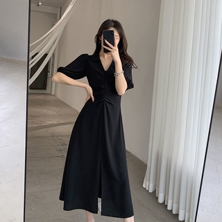 mujer verano 2021 cuello en v negro vestido temperamento diseño apretado cintura adelgazar media longitud split negro vestido