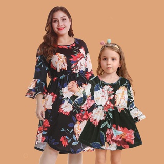 ❀ifashion1❀Floral Flare Sleeve Dress Mother Daughter Dresses Family Kids Parent Outfit (3)